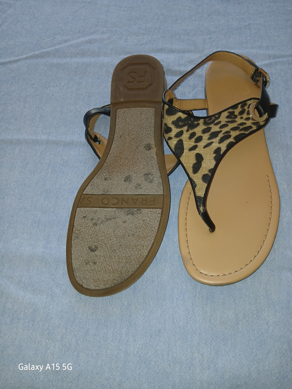 Franco Sarto Leopard Print T-Strap Sandals in Tan and Black